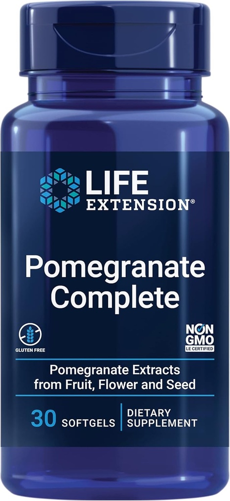 Life Extension Pomegranate Complete, Fruit Extract, Flower, Seed Oil Extract, Cardiovascular Health, antioxidant Support, superfood Supplement, Gluten Free, Non-GMO, 30 softgels