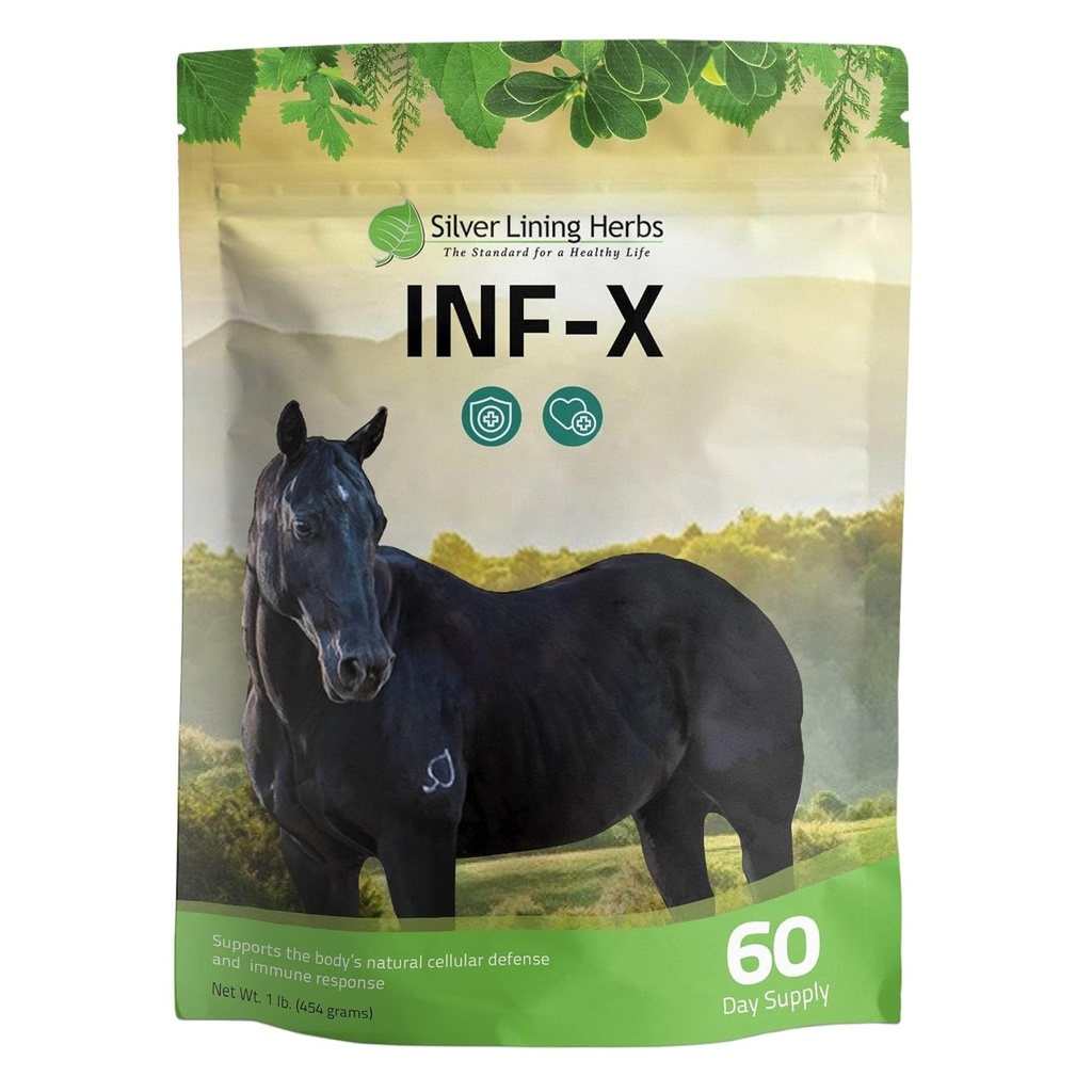 Ασημένια Βότανα Lining Equine INF-X - Υποστηρίζει την ανακούφιση από το άγχος των αλόγων και υγιή επίπεδα των καλών βακτηριδίων - Φυσική υποστήριξη για το ανοσοποιητικό σύστημα των ιπποειδών - συμπλήρωμα βοτάνων για την αποτοξίνωση των ιπποειδών - 1 lb