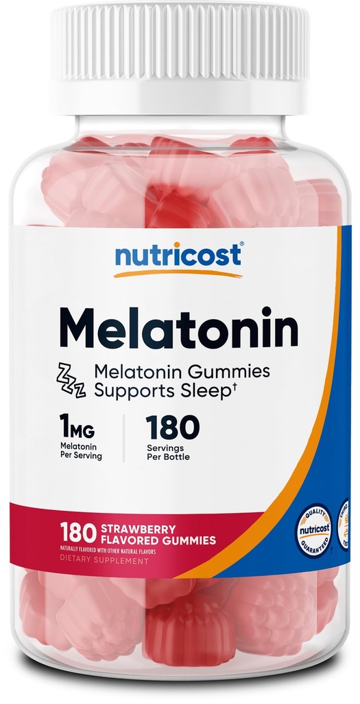 Nutricost Μελατονίνη 1mg, 180 Gummies, Φράουλα Γεύση - Χωρίς γλουτένη, Μη ΓΤΟ, Χωρίς Σιρόπι καλαμποκιού