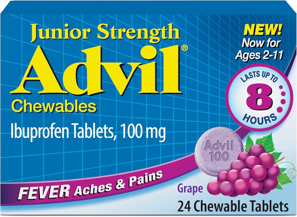 Advil Junior Δύναμη Μασώμενος πόνος Ibuprofen Reliever και μειωτής πυρετού, Ibuprofen για την ανακούφιση του πόνου, Σταφυλόκοκκος - 24 δισκία