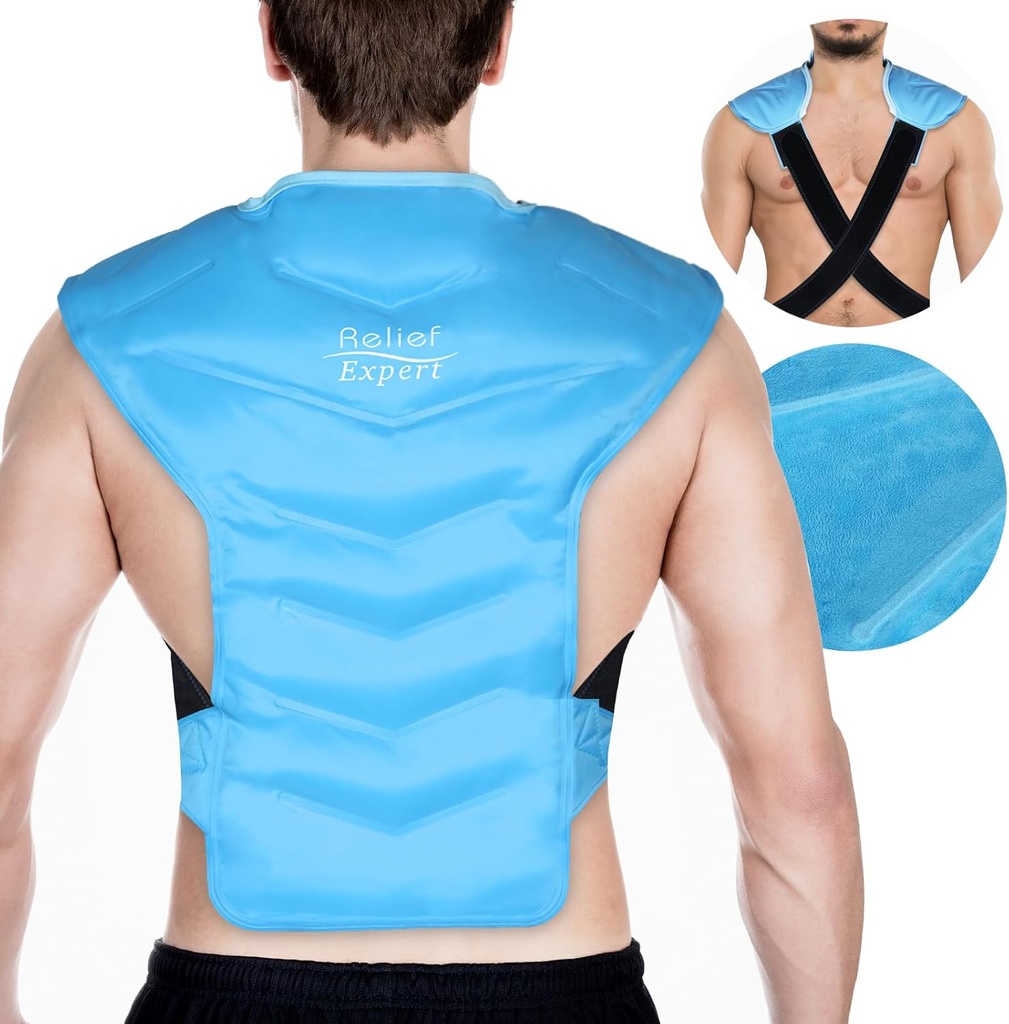 Relief Expert Large Back and Shoulder Ice Pack Wrap – Reuseable Gel Ψυχρό Πακέτο με Διπλό-Πεδωμένο Ύφασμα και Ρυθμιζόμενες Λουρί, Μαλακό Plush Lining για Ανώτερη Πίσω Ψυχρή Θεραπεία και Μετα-Εργασία Ανάκτηση