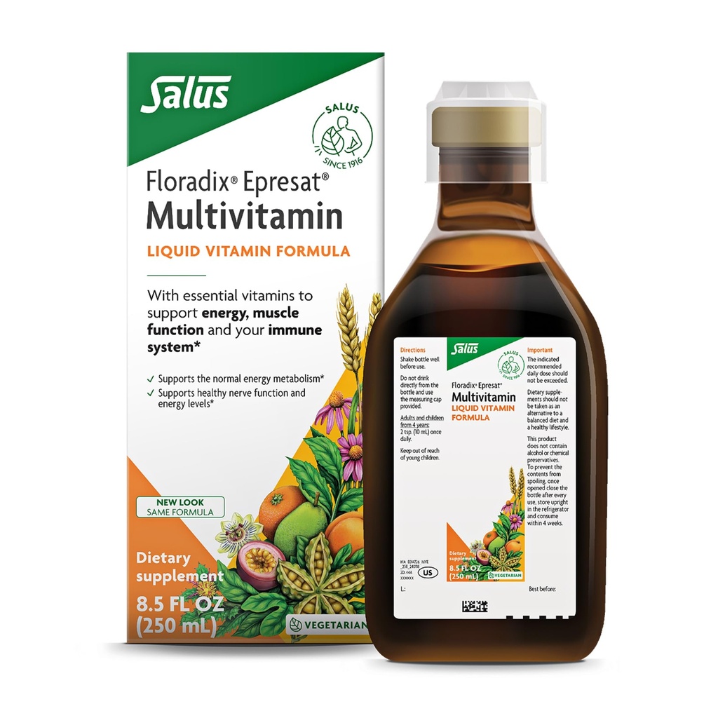 Floradix Epresat Adult Liquid Multivitamin - συμπλήρωμα βοτάνων - ημερήσιο συμπλήρωμα με βιταμίνη Α, D, B6, γαϊδουράγκαθο γάλακτος & Περισσότερα - Υποστηρίζει την ενέργεια & την υγεία του ήπατος - χορτοφάγους, μη ΓΤΟ - 8.5 fl oz