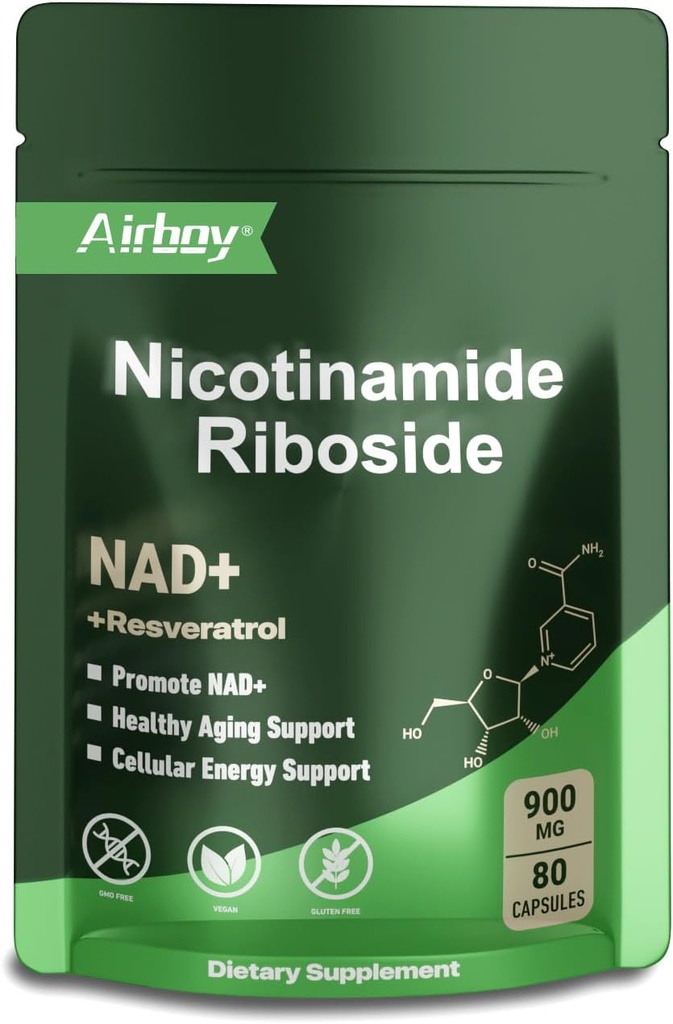 Συμπλήρωμα Airboy NAD με Nicotinamide Riboside Resveratrol & Quercetin 900 mg, NMNH Εναλλακτική για άνδρες και γυναίκες Υποστήριξη κατά της γήρανσης, Ενέργεια, Εστίαση - 80 κάψουλες