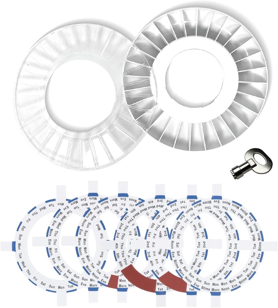Πρόσθετος φάκελος διανομής χαπιών με δαχτυλίδια δοσολογίας και ανταλλακτικό κλειδί ΜΟΝΟ-πρόσθετος οργανωτής φαρμάκων για την αυτόματη συσκευή διανομής χαπιών MED-E-LERT ΔΕΝ Συμβατό με XL MED-E-LERT