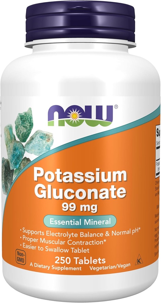 NOW Foods Supplements, Potassium Gluconate 99mg, Easier to Swallow, Essential Mineral*, 250 Tablets