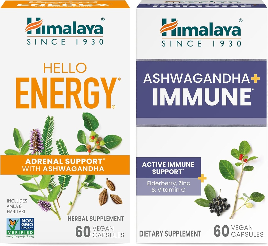 Himalaya Hello Energy with Ashwagandha for Adrenal Support & Daily Energy and & Ashwagandha +Immune with Vitamin C for Active Immune Support, 60 Κάψουλες κάθε - Bundle
