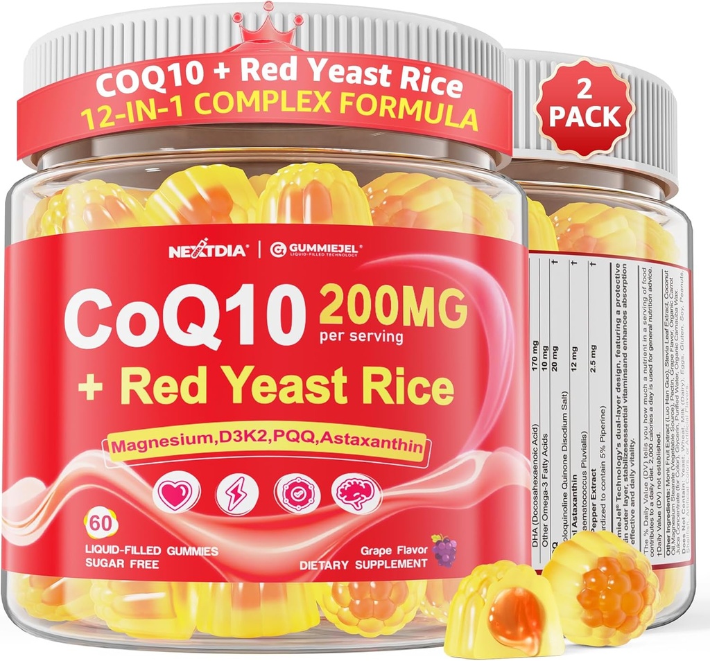 CoQ10 Gummies for Adults - Χωρίς ζάχαρη CoQ10 100mg/200mg w/ Magnesium, Ashwagandha, Methyl Vitamins B9, B12, B6, Black Pepper, Υψηλής Απορρόφησης CoQ10 Συμπλήρωμα - Ενέργεια, Αντιοξειδωτικό, Χαλαρώστε & Οστά,2Pack