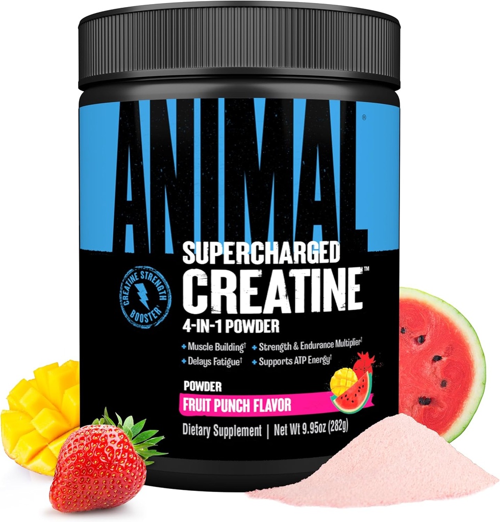 Animal Supercharged Creatine Powder - Flavored Creatine Monohydrate Enhanced with Betaine Anhydrous, PurpleForce & Senactiv, Δύναμη, Αντοχή, Ανάκτηση μυών για άνδρες και γυναίκες – Fruit Punch, 300g