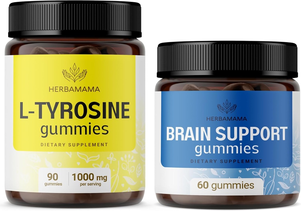 HERBAMAMA L-Tyrosine and Brain Support Kit - Bundle of 1000 mg L-Tyrosine & Brain Support Complex Gummies - Vegan, Non-GMO, Gelatin-Free - 2 Pack