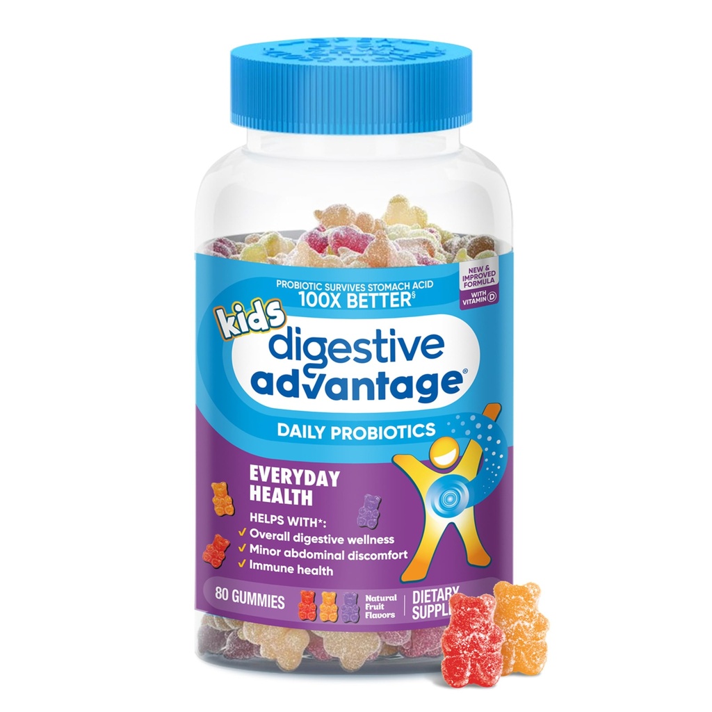 Digestive Πλεονέκτημα Καθημερινή Προβιοτική Gummy για τα παιδιά, Multi, Φυσικές Γεύσεις Φρούτων, 80.0 Count