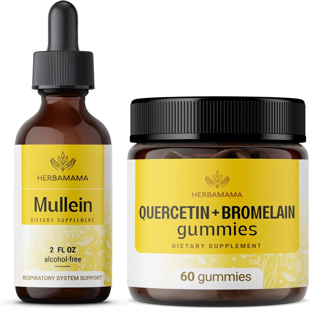 HERBAMAMA Mullein Leaf Extract and Quercetin Gummies Kit - Bundle of Mullein Leaf Drops 2 fl oz και 800 mg Quercetin with Bromelain Gummies - Vegan, Non-GMO, Alcohol-free - 2 Pack