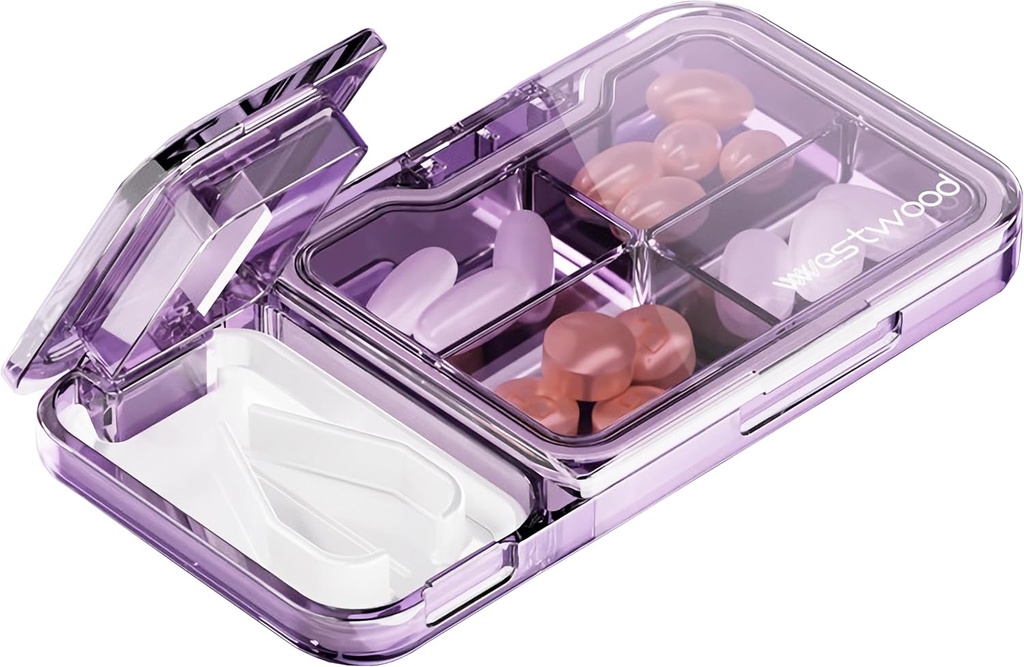 MURRI&MURRDI Pill Organizer with Pill Splitter Pill Cutter, Pill Box Cutter for Small or Large Pills, Small Medicine Case Vitamin Dispenser Holder, Portable Pill Crusher for Purse Pocket (C Purple)