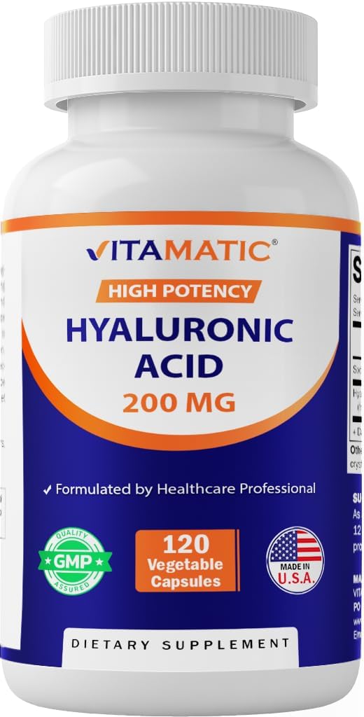 Vitamatic Hyaluronic Acid Supplements 200mg - Υποστηρίζει υγιή συνδετικό ιστό και αρθρώσεις - Προώθηση Νεανικού Υγιεινού Δέρματος - 120 κάψουλες