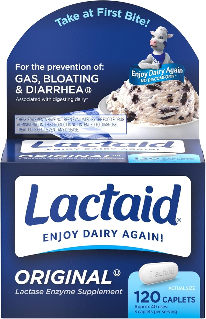 Lactaid Original Strength Lactose Intolerance Pills, 9000 FCC Natural Lactase Enzyme Dairy Relief Caplets, Helps Prevent Gas, Bloating & Diarrhea Due to Lactose Sensitivity in Adults & Kids, 120 Count