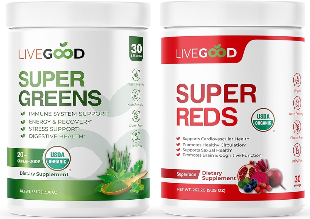 LIVEGOODTM Βιολογικό Super Greens & Super Reds Bundle με σιτάρι, κριθάρι, Μάτσα Πράσινο Τσάι, Αλόη, Beet Root, Ρόδι, Vegan, Χωρίς γλουτένη
