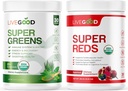 LIVEGOODTM Βιολογικό Super Greens & Super Reds Bundle με σιτάρι, κριθάρι, Μάτσα Πράσινο Τσάι, Αλόη, Beet Root, Ρόδι, Vegan, Χωρίς γλουτένη