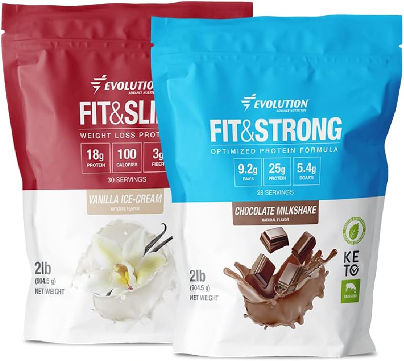 Evolution Advance Nutrition Grass Fed 100% Whey Protein Powder + Fit & Slim with Glucomannan, Inulin Fiber – Υψηλής Ίνας, Υψηλής πρωτεΐνης, Καθαρή, Keto Εγκεκριμένη, Μη ΓΤΟ, Stevia Sweeted – 2 Pack