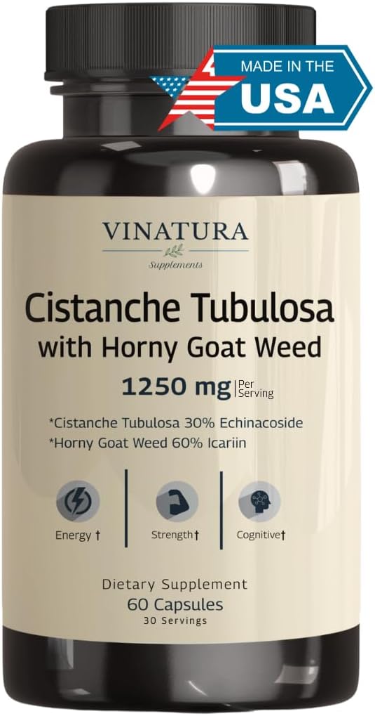 VINATURA Cistanche με Horny κατσικίσιο ζιζάνιο 60% Icariin - 1250mg ανά υπηρεσία, Cistanche Tubulosa, Cistanche συμπλήρωμα άνδρες, ενέργεια, δύναμη Γνωστική *USA Κατασκευάζεται και δοκιμαστεί * - 60 κάψουλες 30 Υπηρεσίες