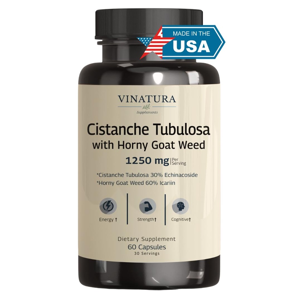 VINATURA Cistanche με Horny κατσικίσιο ζιζάνιο 60% Icariin - 1250mg ανά υπηρεσία, Cistanche Tubulosa, Cistanche συμπλήρωμα άνδρες, ενέργεια, δύναμη Γνωστική *USA Κατασκευάζεται και δοκιμαστεί * - 60 κάψουλες 30 Υπηρεσίες