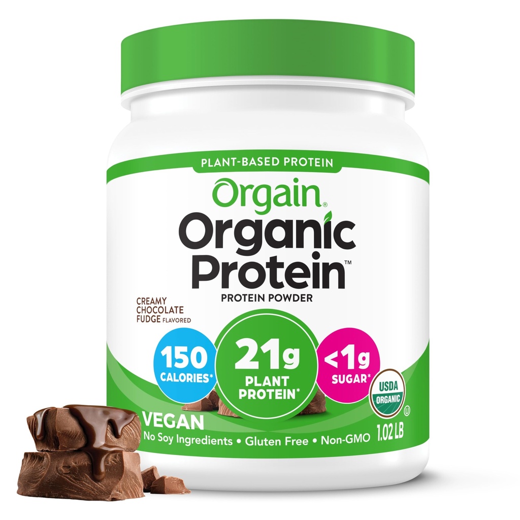 Orgain Organic Vegan Protein Powder, Creamy Chocolate Fudge - 21g Πρωτεΐνες φυτών, 7g Προβιοτικές Ίνες, Χαμηλό Καθαρό Καρβίδιο, Δεν Συστατικά Λακτόζης, Δεν Προστέθηκε Ζάχαρη, Μη-ΓΤΟ, Για Ανακινήσεις & Smoothies, 1,02 lb