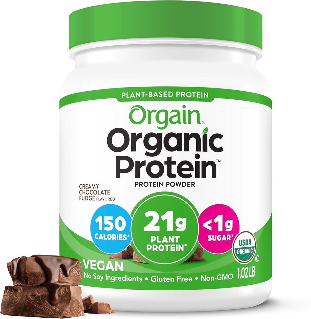 Orgain Organic Vegan Protein Powder, Creamy Chocolate Fudge - 21g Πρωτεΐνες φυτών, 7g Προβιοτικές Ίνες, Χαμηλό Καθαρό Καρβίδιο, Δεν Συστατικά Λακτόζης, Δεν Προστέθηκε Ζάχαρη, Μη-ΓΤΟ, Για Ανακινήσεις & Smoothies, 1,02 lb