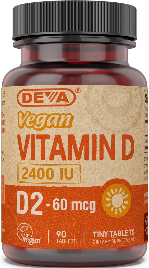 DEVA Vegan Vitamin D2 60 mcg 2400 IU, συμπλήρωμα εργοκαλσιφερόλης χωρίς συστατικά ζώων, 90 δισκία, 1- συσκευασία