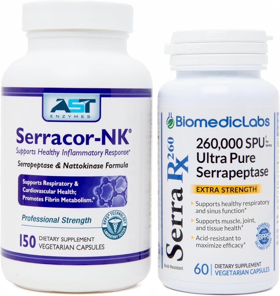 Serracor-NK & Serra-RX 260,000 SU - Scar Tissue Bundle (150 Capsules & 60 Capsules) - Acid-Resistant Serrapeptase Proteolytic Systemic Enzyme, Respiratory & Lung Support