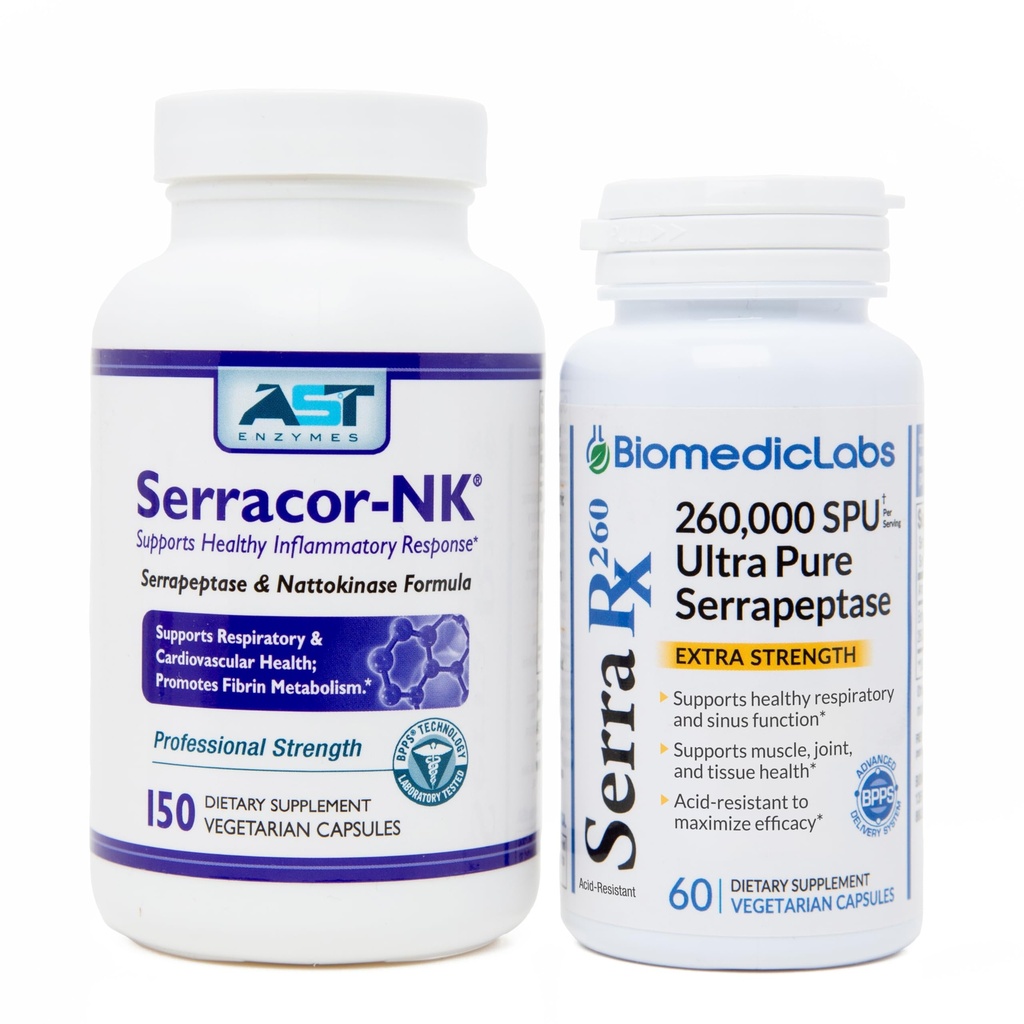 Serracor-NK & Serra-RX 260,000 SU - Scar Tissue Bundle (150 Capsules & 60 Capsules) - Acid-Resistant Serrapeptase Proteolytic Systemic Enzyme, Respiratory & Lung Support