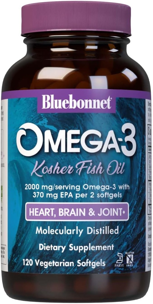 Bluebonnet Διατροφή Omega-3 Kosher ιχθυέλαιο, φυσική μορφή τριγλυκεριδίων, χωρίς γλουτένη, χωρίς γαλακτοκομικά, Kosher Certified, μη ΓΤΟ, 3ο μέρος δοκιμαστεί, μοριακά αποσταγμένο, 120 χορτοφάγος Softgel, 60 Serving