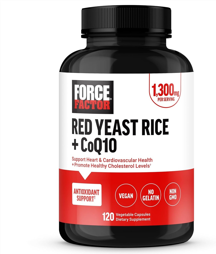 FORCE FACTOR Red Yeast Rice + CoQ10 Supplement for Antioxidant Support, Non-GMO, Vegan-Friendly, Premium Quality, 120 Capsules