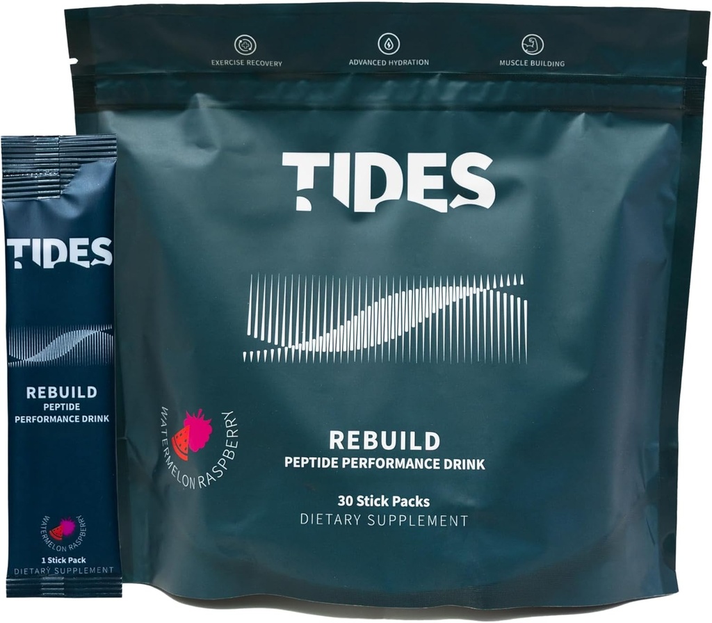 Tides Rebuild Complex Peptide Stick Pack, Cartermelon Rasberry, Flavored Powder Mix Packs για την υποστήριξη της μυϊκής υγείας, 30 Stick Packs