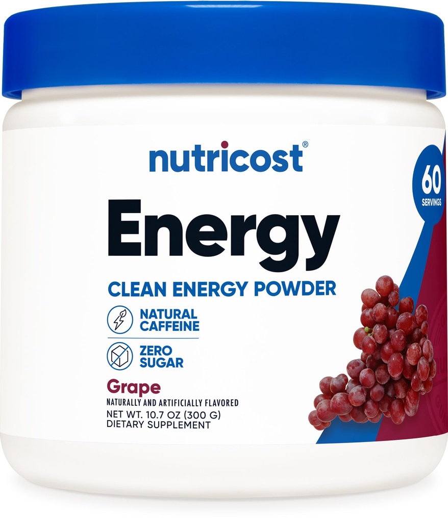 Nutricost Energy Drink Powder (Grape) (60 Σερβιτόρες) - Συμπλήρωμα προ προπόνησης με Φυσικές Γεύσεις - Μη ΓΤΟ, Χωρίς Γλουτένη