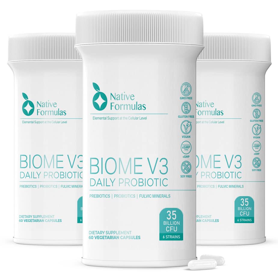 Native Formulas Biome V3 Probiotic, Prebiotic, & Fulvic Minerals Supplements - 35 Billion CFU - 6 Strains - 180 Vegan Capsules - Women & Men - FODMAP Friendly Supports Digestive, Immune & Gut Health