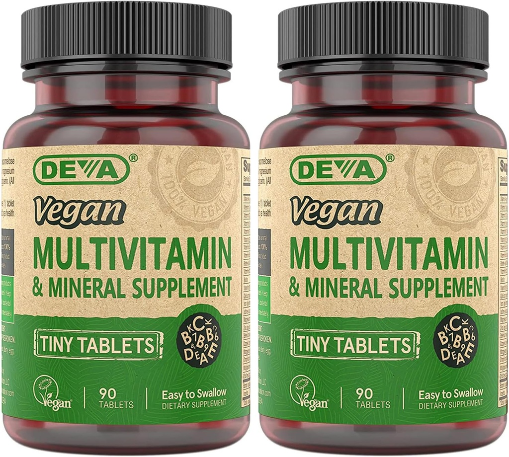 DEVA Tiny Tablets Vegan Multivitamin για γυναίκες & άνδρες 2-πακέτο με σίδηρο, βιταμίνη C, E, B Complex Βιταμίνες, ψευδάργυρος, 90 δισκία