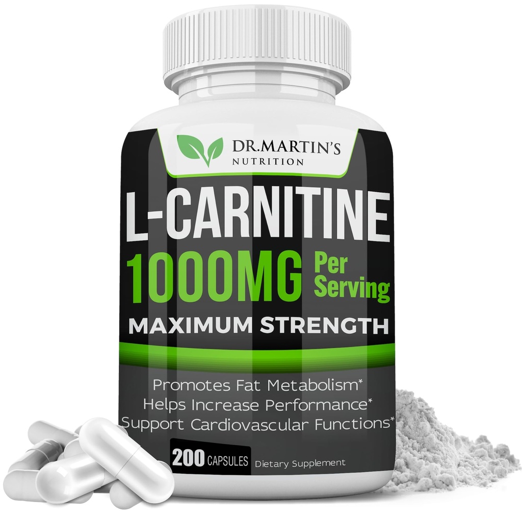 DR. MARTIN'S UTRITION Επιπλέον δύναμη L-καρνιτίνη - 200 κάψουλες - 1000mg ανά υπηρεσία - Ενίσχυση του μεταβολισμού σας και αύξηση της απόδοσης