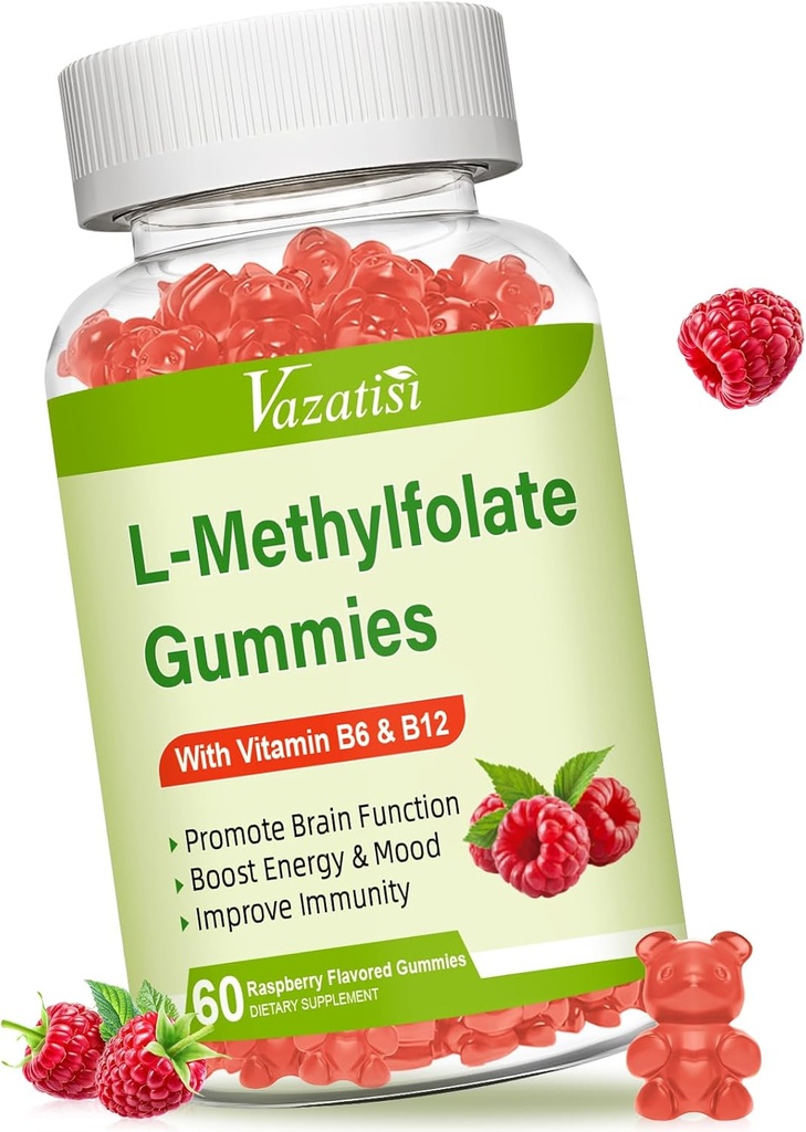 L- Methylfolate 15 mg Gummies with Methyl B12, Folate Supplement for Mood, Brain Health, Immune Support, Raspberry Flavor, 60 Count