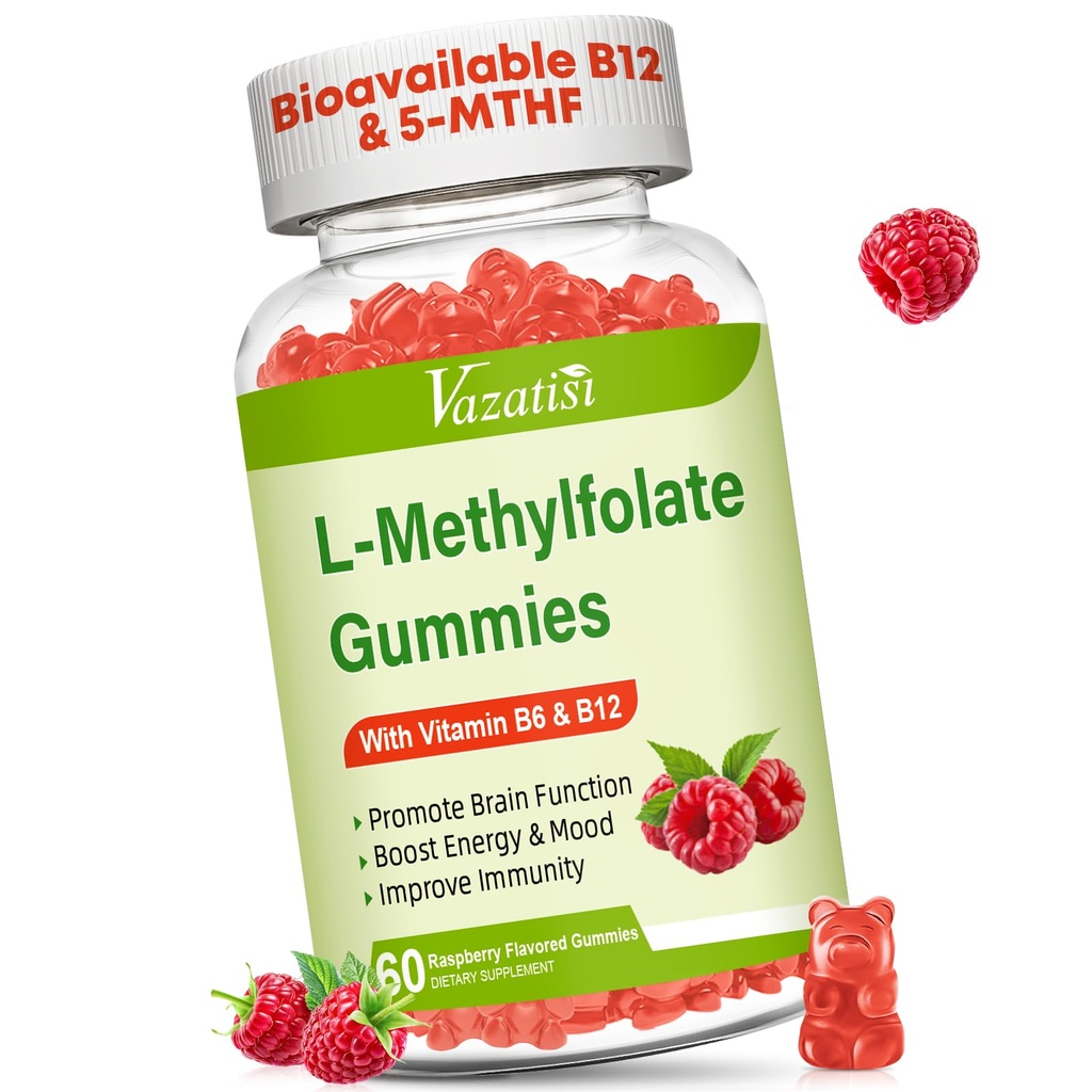 L- Methylfolate 15 mg Gummies with Methyl B12, Folate Supplement for Mood, Brain Health, Immune Support, Raspberry Flavor, 60 Count