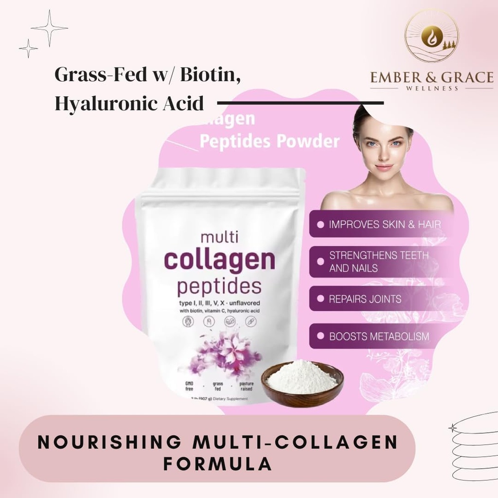 Ember & Grace Wellness Multi Collagen Protein Powder– Type I,II,III,V,X with Biotin, Hyaluronic Acid, Vitamin C – Unflavored Collagen Peptides – Keto & Paleo Friendly, Easy Dissolve, Non-GMO