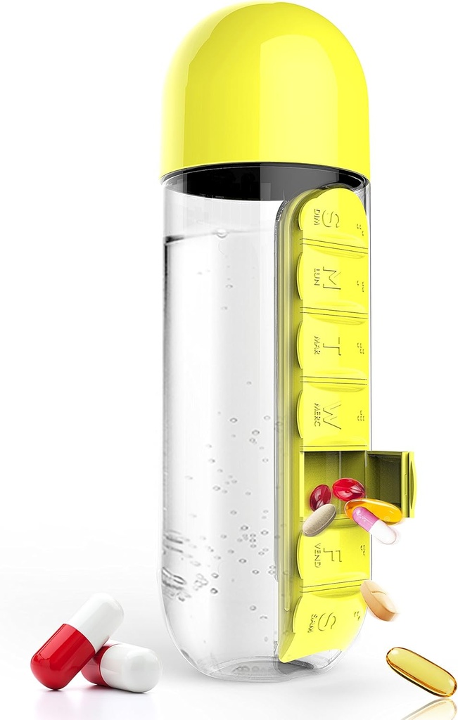 Asobu Combine Daily Pill Box Organizer with Water Bottle, 20 oz, Black (Yellow)
