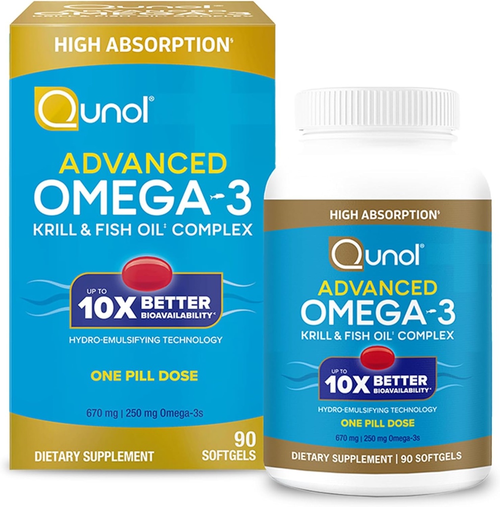 Qunol Advanced Omega 3 Krill and Fish Oil Complex, 10x Καλύτερη βιοδιαθεσιμότητα, Μια δόση Χάπια, 250mg EPA & DHA, Υποστηρίζει τον εγκέφαλο, τα μάτια, την καρδιά και κοινή υγεία, 90 Count (πακέτο του 1)
