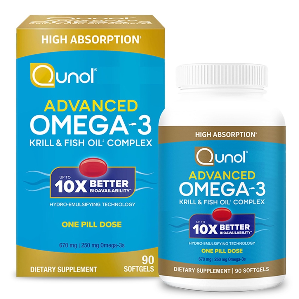 Qunol Advanced Omega 3 Krill and Fish Oil Complex, 10x Καλύτερη βιοδιαθεσιμότητα, Μια δόση Χάπια, 250mg EPA & DHA, Υποστηρίζει τον εγκέφαλο, τα μάτια, την καρδιά και κοινή υγεία, 90 Count (πακέτο του 1)