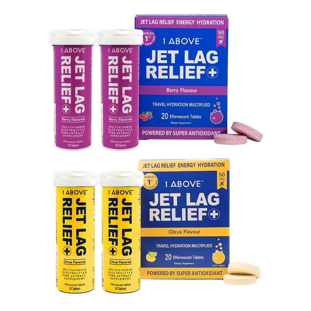 1ABOVE Jet Lag Relief Αναβράζοντα πολυβιταμίνη με Pycnogenol συμπλήρωμα ταξιδιού για την ενυδάτωση, την ενέργεια, την ανοσοποιητική υποστήριξη και την ταχύτερη ανάκτηση - Flight Essential - Citrus 20 Count and Berry 20 Count