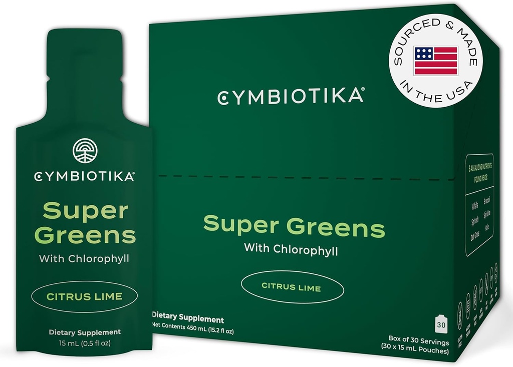 CYMBIOTIKA Super Greens συμπλήρωμα με χλωροφύλλη, Spirulina, Καθημερινή Vegan Superfood πακέτα για Digestive Gut Υγεία, Detox, ενέργεια και ανοσοποιητική υποστήριξη, Citrus Lime Flavor, 15 mL Pouches, 30 Pack
