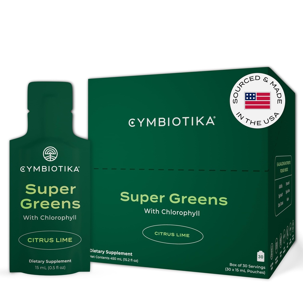 CYMBIOTIKA Super Greens συμπλήρωμα με χλωροφύλλη, Spirulina, Καθημερινή Vegan Superfood πακέτα για Digestive Gut Υγεία, Detox, ενέργεια και ανοσοποιητική υποστήριξη, Citrus Lime Flavor, 15 mL Pouches, 30 Pack