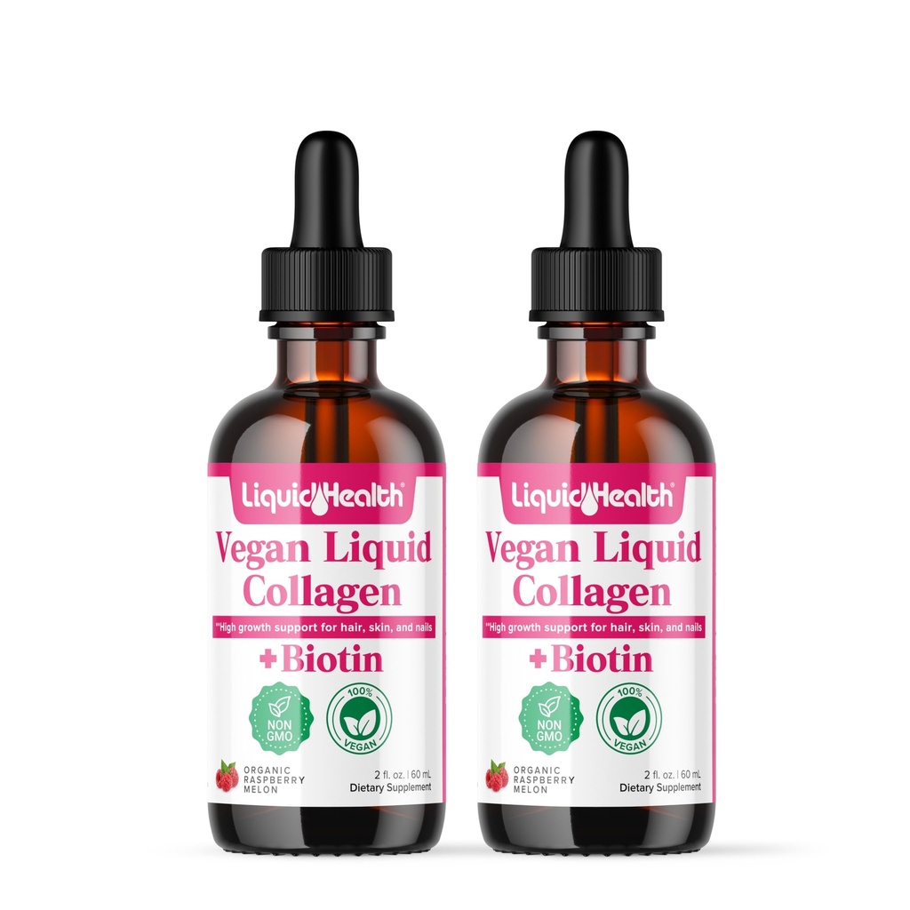 LIQUIDHEALTH 100% Vegan Collagen Plus Biotin 100.000mcg Υγρές σταγόνες - Φυτικό Υγρό Κολλαγόνο για γυναίκες & άνδρες - Hair & Nail Growth, Skin Health, Boosts Μεταβολισμός - Made in USA, Non-GMO (2 Pack)