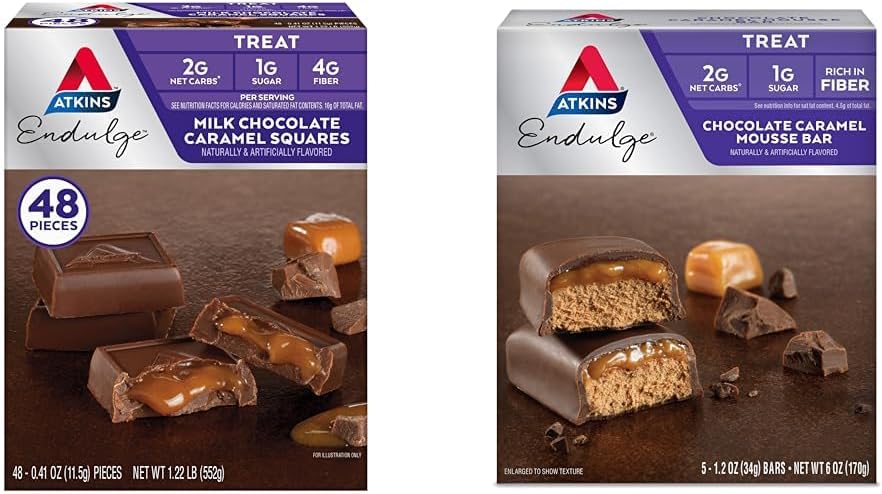 Atkins Endulge Γάλα Σοκολάτα Caramel Squares 48 Count & Σοκολάτα Caramel Mousse Bars 5 Count Bundle