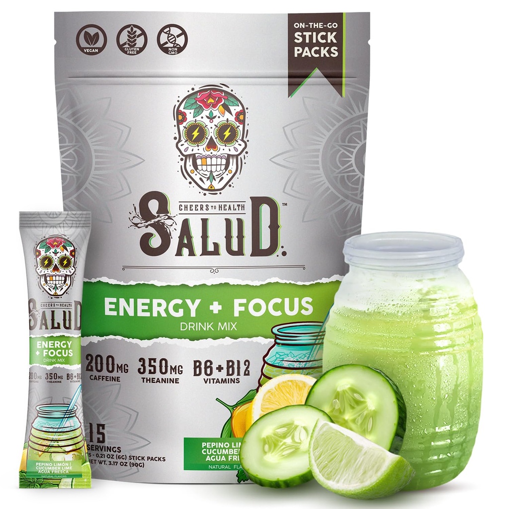 Salud 2-σε-1 Ενεργειακά Ποτά σε σκόνη + Focus, Αγγούρι Lime, Βιολογική καφεΐνη, B6 + B12, Θεανίνη, Καθαρή Ενέργεια Ποτό Πακέτο, Agua Fresca Mix, Μη-GMO, Χωρίς Γλουτένη, Vegan, 1g Ζάχαρη, (15 Μερίδες)
