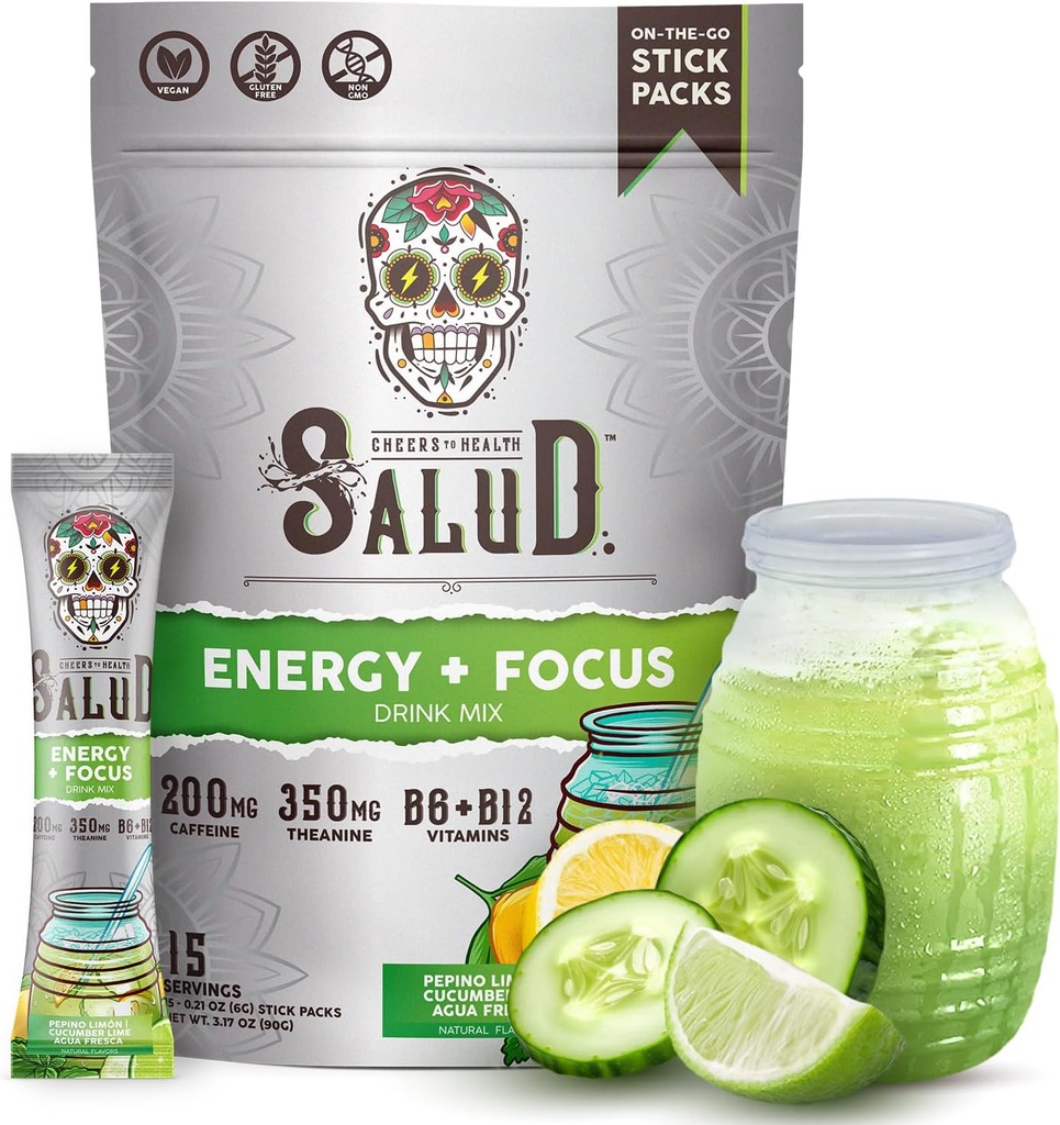 Salud 2-in-1 Energy Drink Powder + Focus, Cucumber Lime, Organic Caffeine, B6 + B12, Theanine, Clean Energy Drink Packets, Agua Fresca Mix, Non-GMO, Gluten Free, Vegan, 1g of Sugar, (15 Servings)