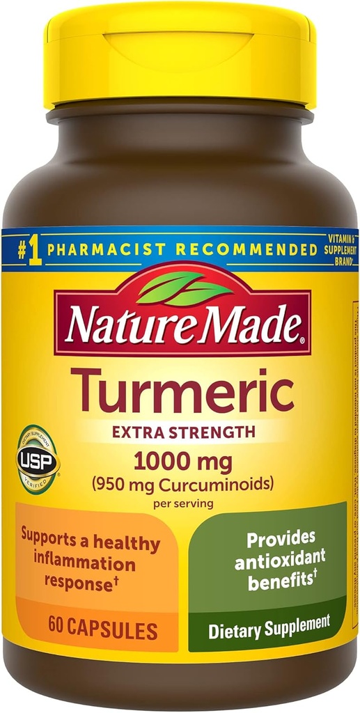 Nature Made Extra Strength Turmeric Curcumin with Black Pepper, 1000mg Turmeric Extract ανά μερίδα (Standardized to 95% Curcuminoids), Υποστηρίζει υγιής αντίδραση φλεγμονής, 60 κάψουλες χορτοφάγων