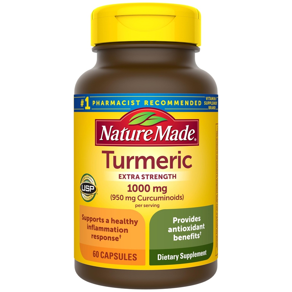 Nature Made Extra Strength Turmeric Curcumin with Black Pepper, 1000mg Turmeric Extract ανά μερίδα (Standardized to 95% Curcuminoids), Υποστηρίζει υγιής αντίδραση φλεγμονής, 60 κάψουλες χορτοφάγων